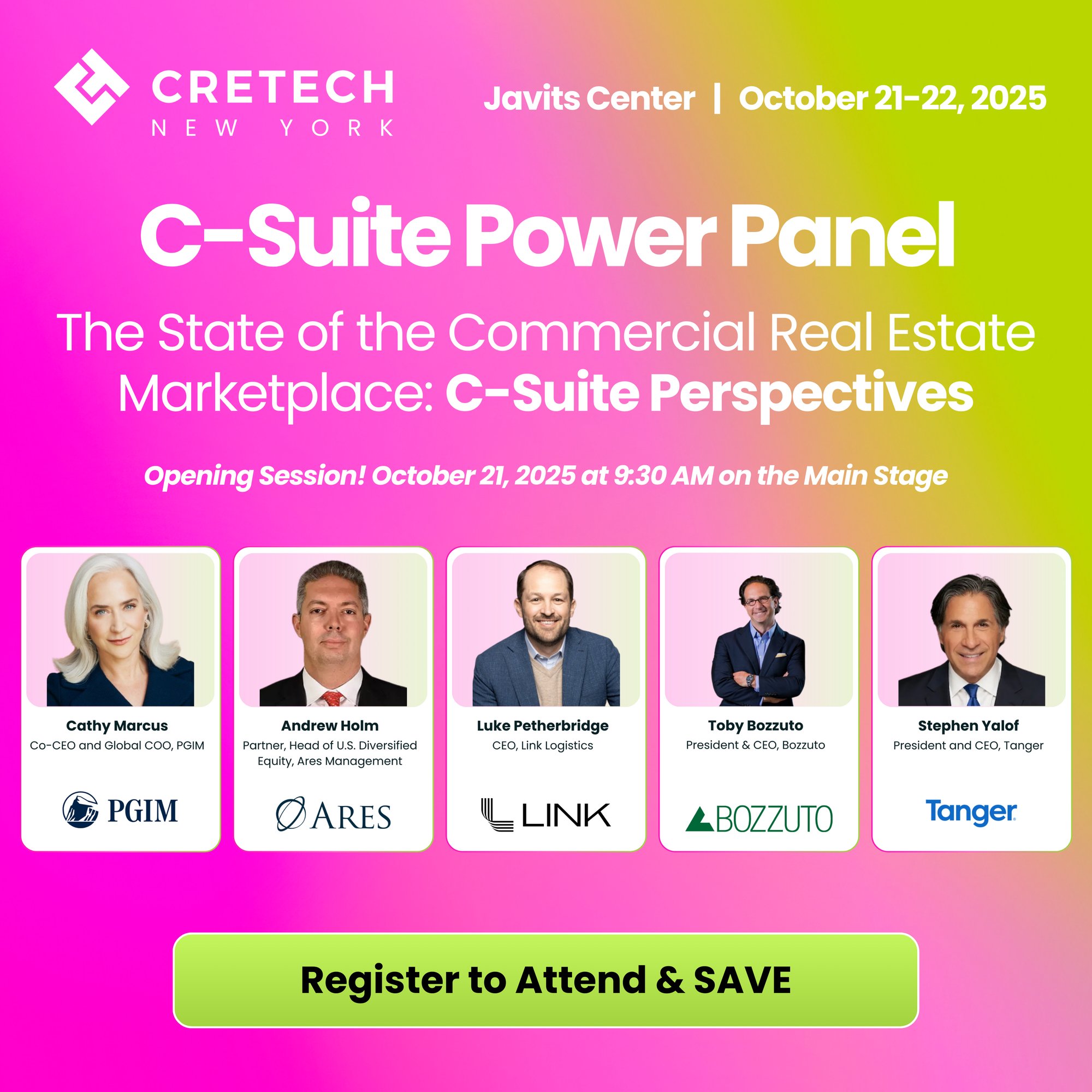 CEOs from Tanger, Bozzuto, Link Logistics, Ares & PGIM to Kick Off CREtech New York with Opening C-Suite Market Outlook Panel
